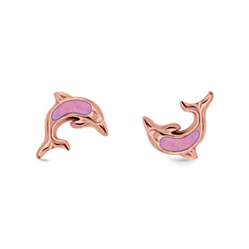 Dolphin Stud Earrings Rose Tone, Lab Created Pink Opal 925 Sterling Silver